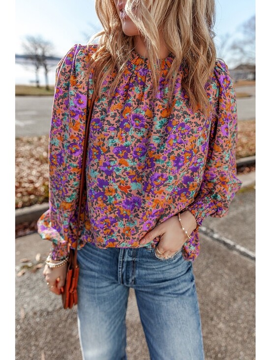 Tops - Women's Long Sleeve Floral Print Blouse with Ruffled Neck and Smocked Cuffs